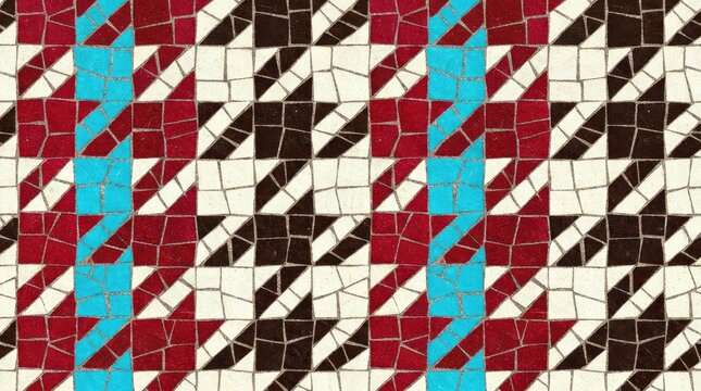 Geometric houndstooth mosaic pattern with red blue and white tiles