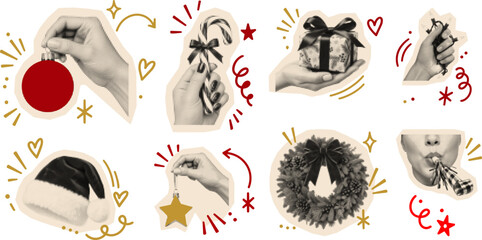 Obraz premium Halftone collage with hand imagery, wrapped christmas gift and doodle symbols