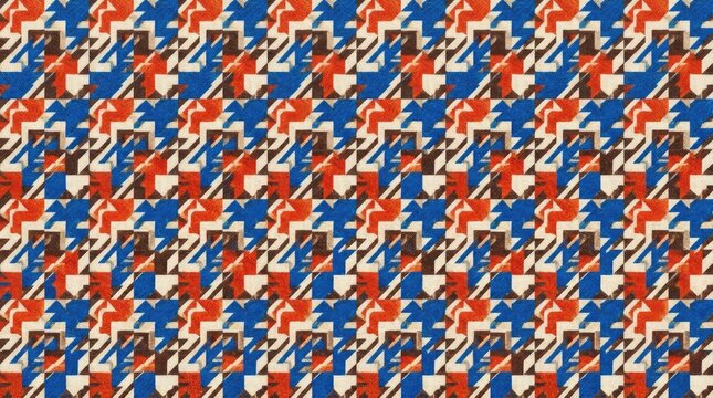 Geometric houndstooth pattern in red blue and beige