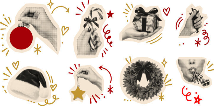 Halftone collage with hand imagery, wrapped christmas gift and doodle symbols