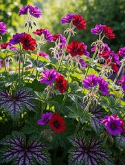 Fototapeta premium Purple, red geranium flowers bloom in spring garden. Geranium phaeum Samobor plants show bright blossoms, green leaves. Close up shot of colorful flora in nature backyard. Beautiful spring flowers