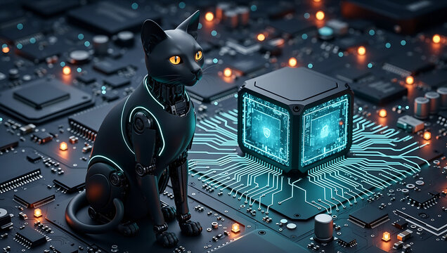 Futuristic black cat beside glowing cyber cube on electronic circuit board creating mysterious artificial intelligence scene