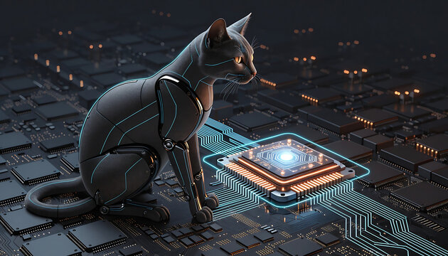 Futuristic black cat beside glowing computer chip on circuit board