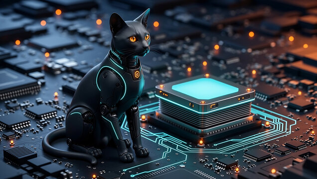Futuristic black cat robot beside glowing computer chip on circuit board, creating sleek technological scene with cybernetic detail