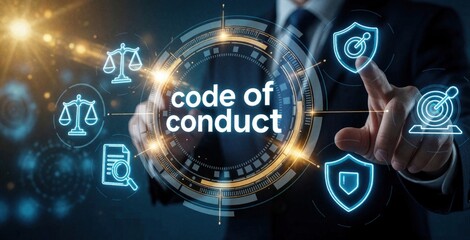 Plakat Man touches digital screen with code of conduct rules, icons. Business ethics policy guides workplace behavior, ensures fair practices, builds trust in company operations. Legal compliance is key.