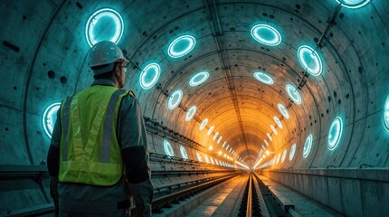 Fototapeta premium Engineer in hard hat and vest inspects modern subway tunnel construction. Futuristic glowing lights illuminate concrete tube and train tracks. City underground transit infrastructure development.