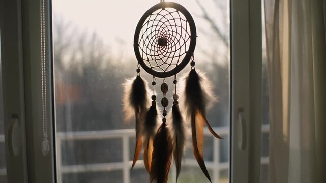 Dream catcher turning in a sunlit window