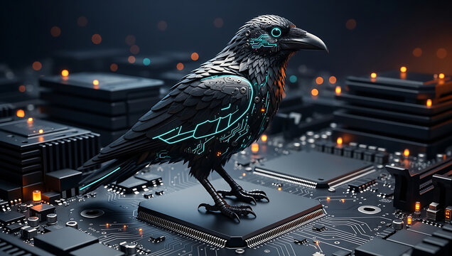 Cybernetic raven perched on circuit board, surrounded by glowing processors and dark technology, creating futuristic mood