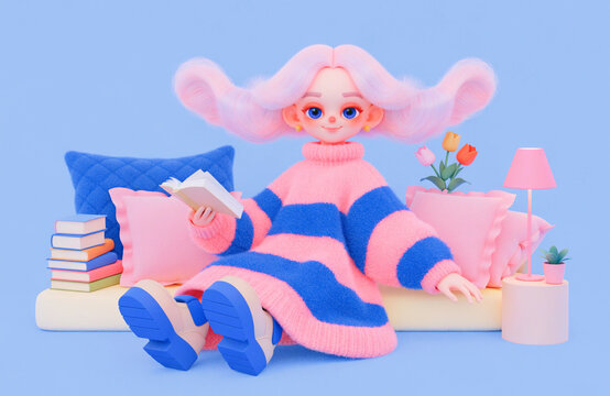 Whimsical 3D illustration of a pink-haired girl in a cozy sweater reading a book on a pastel sofa