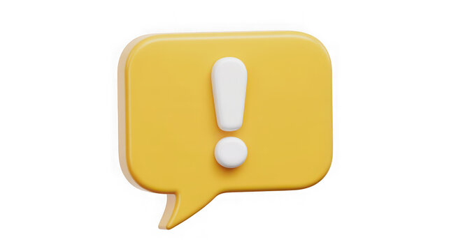 A glossy yellow speech bubble with a white exclamation mark isolated on transparent background. Use this notification icon for important messages and chat alerts.