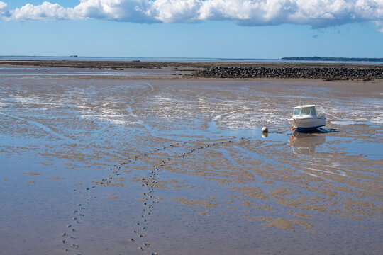 Low Tide with a Small Boat on Mudflat Under Blue Sky with Copy Space for Text