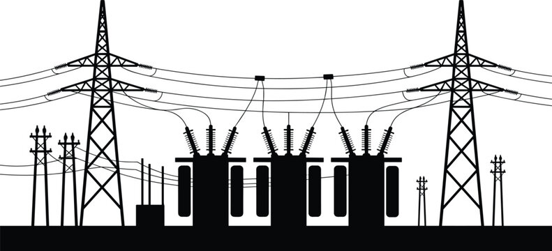 Silhouette of an electrical power substation with voltage transmission towers, large, and complex overhead power lines on a white background