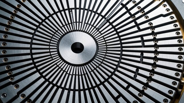 Close-up of radial pattern encoder scale with metal spokes. Precision industrial automation hardware for motion control and machine feedback.