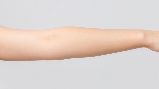 Close-up of a bare female arm, showing clean skin texture from elbow to wrist. Skin is smooth, clear, and ready for cosmetic application or tattoo design. Studio shot.