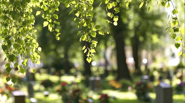 Sunlit birch leaves and slender branches in a quiet graveyard, rows of stone headstones and floral decorations fading into the background, peaceful cemetery and remembrance concept