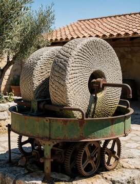 Antique stone millstones on rusty metal machine for olive oil production. Traditional heavy granite wheels grind olives in rustic Mediterranean farm setting. Old industrial equipment used for organic