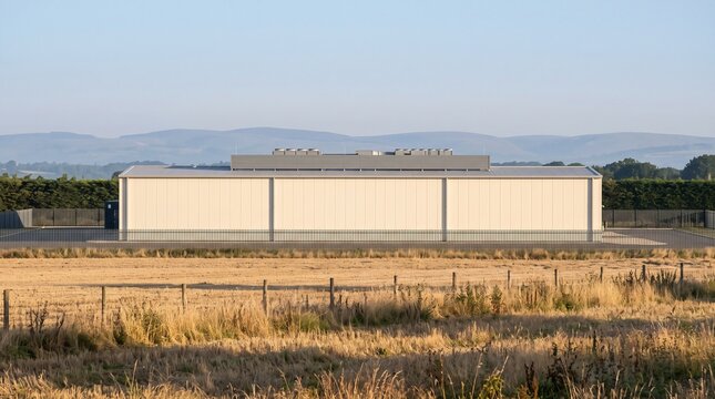 Data Center Telephoto View Of One Long Cream Hall Behind A Palisade Fence And Dry Grass In Low Morning Sun