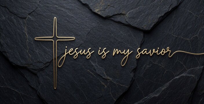 Golden cross and text reading Jesus is my savior are set against a dark textured background. Simple line art conveys strong religious belief and faith.