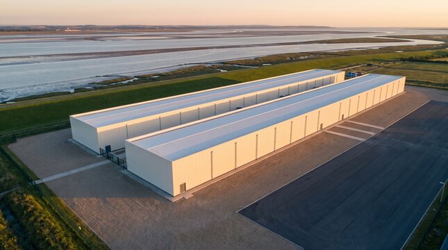 Waterfront Server Farm Above An Estuary In Golden Evening Light