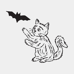 Fototapeta premium Hand drawn playful Halloween cat illustration playing for a flying bat silhouette. Vector with dark charcoal line texture, vintage vibe, and detailed crayon sketch style for decor