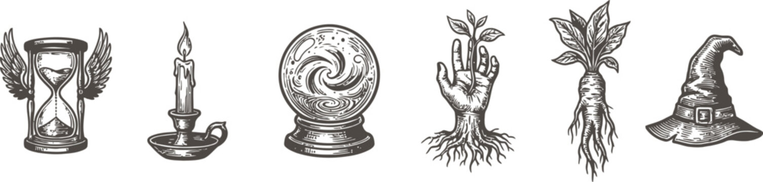Vintage magic occult symbol set witch crystal ball