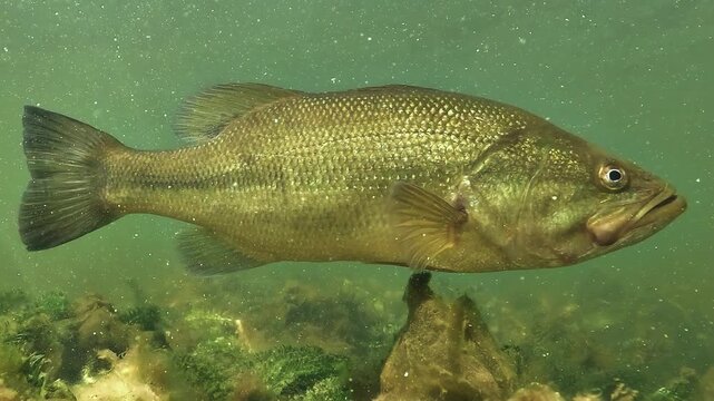 Anatomical close up of a golden black bass. No black line runs along the flank. Scales fins gill cover and eye stay visible in tight framing.