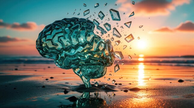 Glass brain breaks apart on beach sand during sunset. Fragments scatter against warm sky. Represents mental health awareness crisis or cognitive decline.