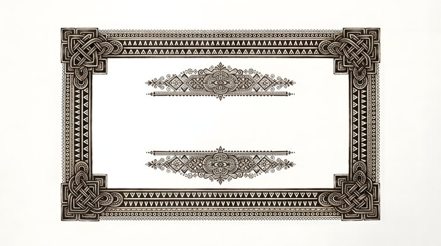 Decorative vintage folk art frame with intricate black ornaments isolated on a white background