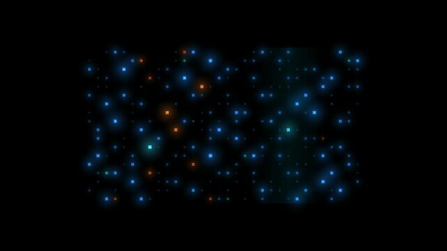 Abstract digital background with glowing blue and orange square pixels on black