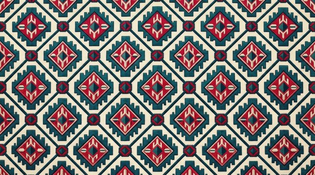 Geometric tribal pattern with red and teal diamond shapes