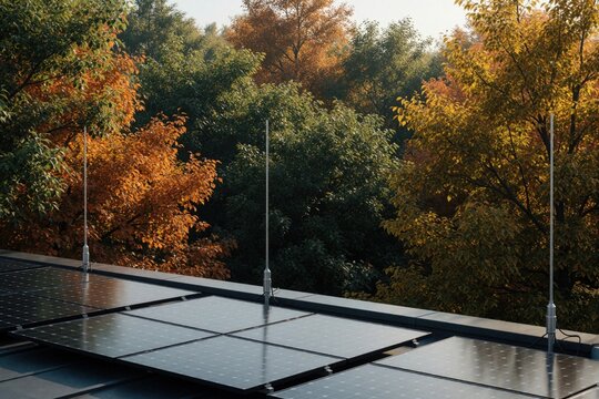 Solar panels on rooftop with lightning rods protect against storms. Autumn trees with colorful leaves surround the array. Clean energy tech integrates with nature.