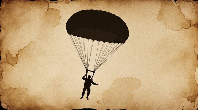 Black silhouette of military paratrooper falling from sky with open parachute. Soldier performs airborne jump on vintage paper background. Army man descends during combat mission extreme skydiving