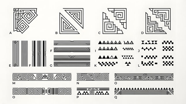 Set of black and white ethnic geometric ornaments and decorative borders on a white background