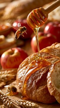 Golden honey dripping from a wooden dipper onto fresh crusty bread, with bees, red apples, and wheat stalks in warm, rustic lighting.