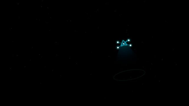 Abstract digital spaceship icon with glowing blue lines and nodes on a dark starry background