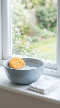 A natural sponge soaking in a blue bowl of water with white cloths on a windowsill, evoking a clean and refreshing home spa or cleaning concept.