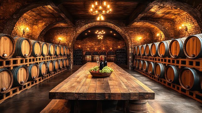 A table with free space for a bottle of wine or food and a retro interior of a cellar with barrels.