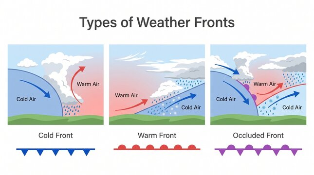 Weather fronts diagram comparing cold warm and occluded fronts
