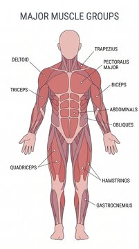 Human muscular system diagram with major muscle groups labelled