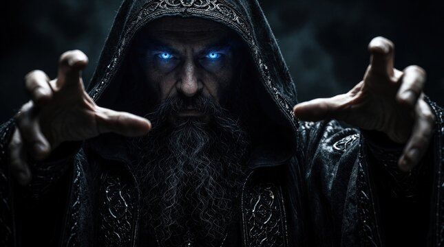 Man with blue glowing eyes and long beard casts dark magic spell. He wears a hooded robe reaching out his hands with mystical energy and power.