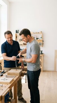 Instructor teaches student woodworking with hand drill in bright studio workshop