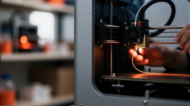Close up of 3d printer nozzle extruding filament
