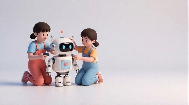 Young girls building a small robot together