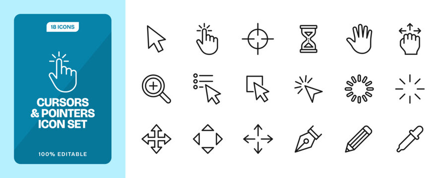 Cursors and pointers editable line icon set featuring arrow, hand, crosshair, hourglass, zoom, loading spinner, pen, and eyedropper tool