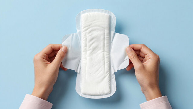 Female hands holding sanitary pad on blue background, menstrual health and feminine hygiene