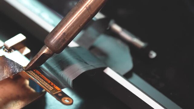 Close up of technician repairing laptop video connector with precision soldering tools workbench