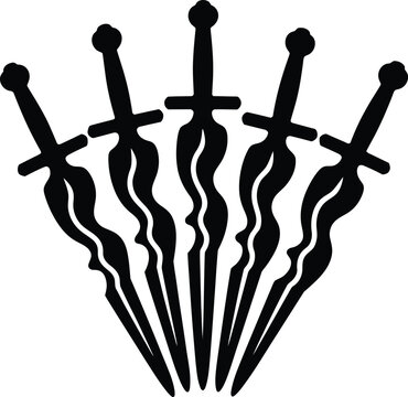 Black silhouette of five traditional wavy swords arranged in a fan shape