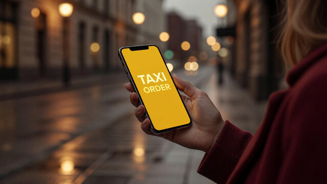 Person holding smartphone with taxi order app on city street at night, urban transportation and ride sharing service
