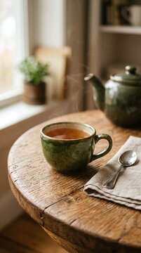 steaming tea in handmade ceramic cup on rustic wooden table, cozy slow living concept