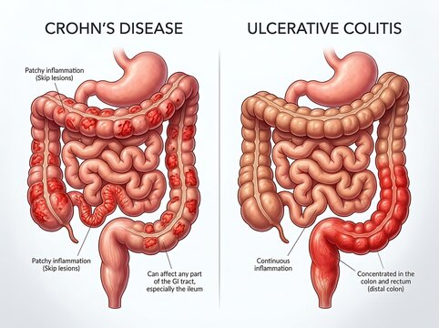 Medical comparison diagram of crohn's disease and ulcerative colitis